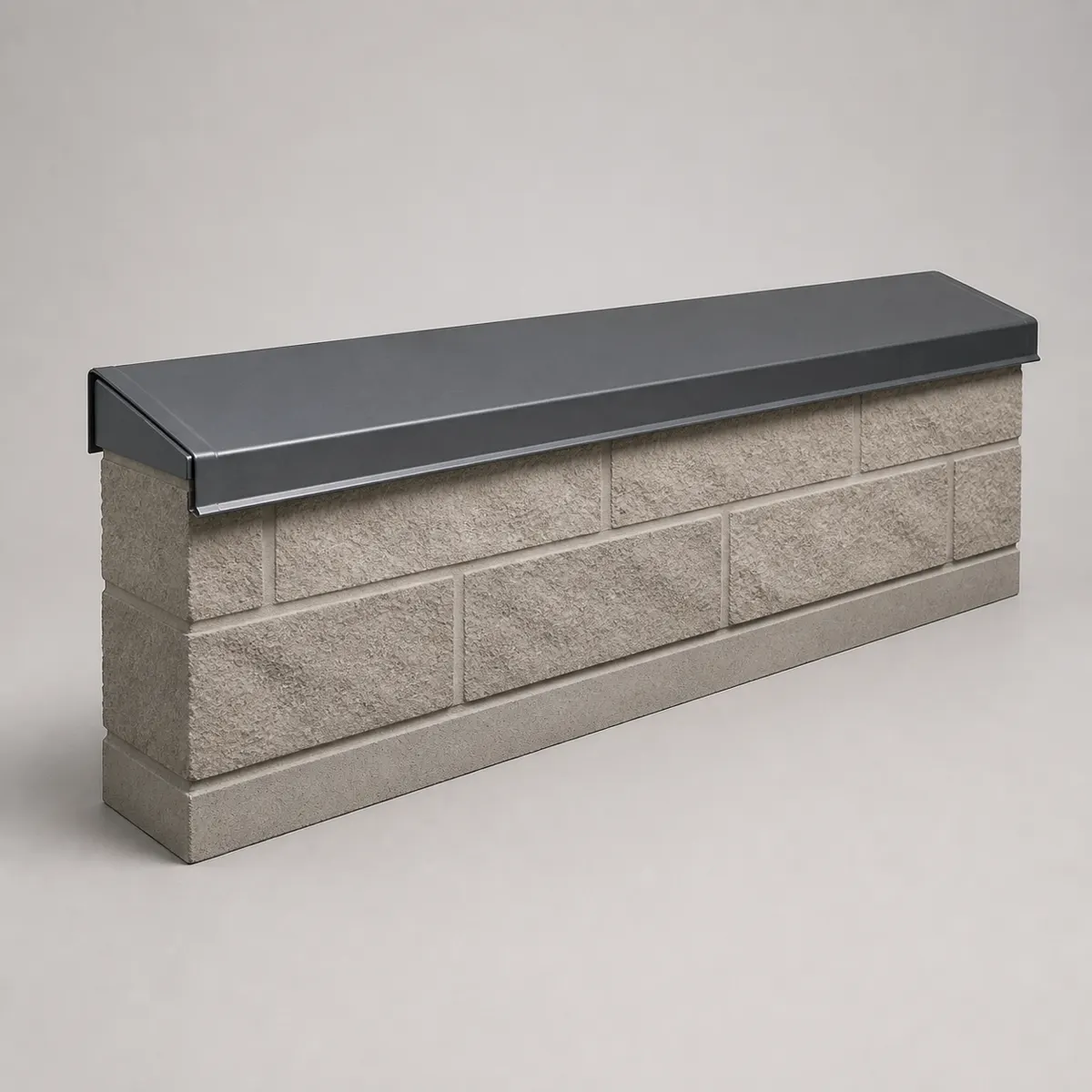 Folded zinc parapet coping, shown as a photorealistic visual reference