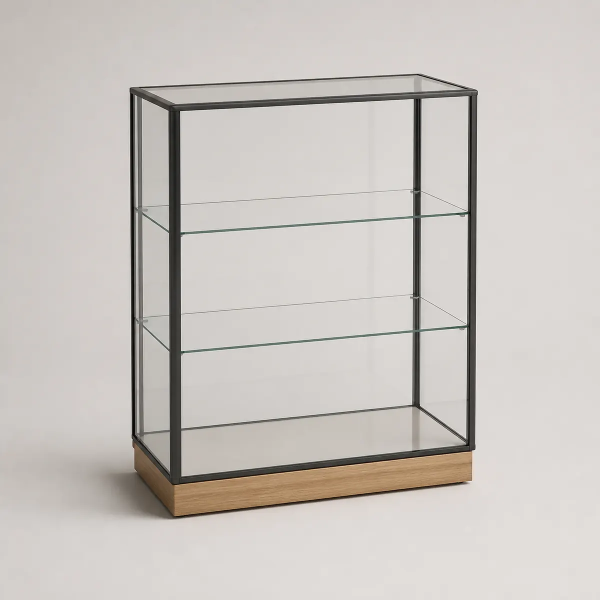 Glass retail display case, shown as a photorealistic visual reference