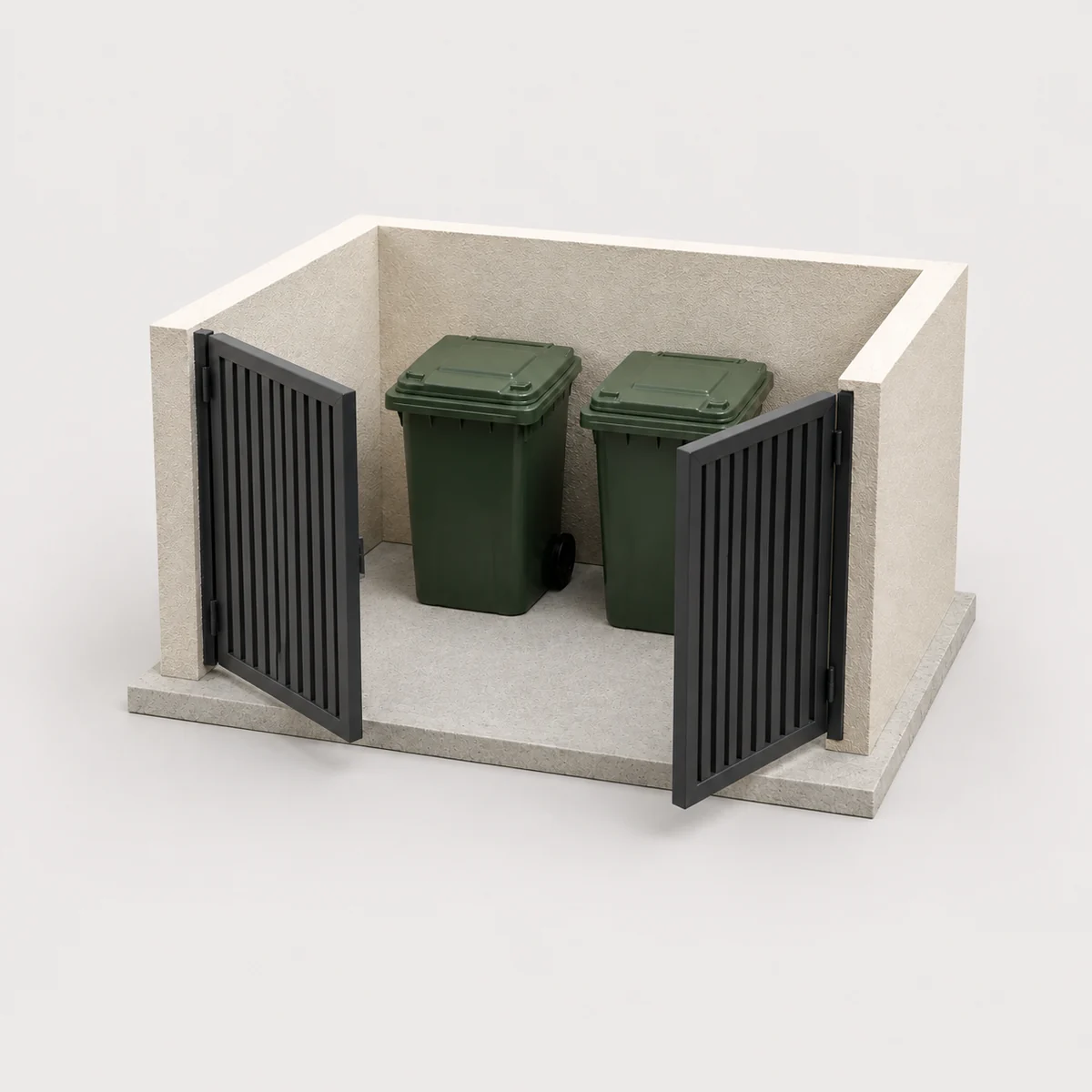 Open-gate refuse enclosure, the real-world character this definition is written to capture