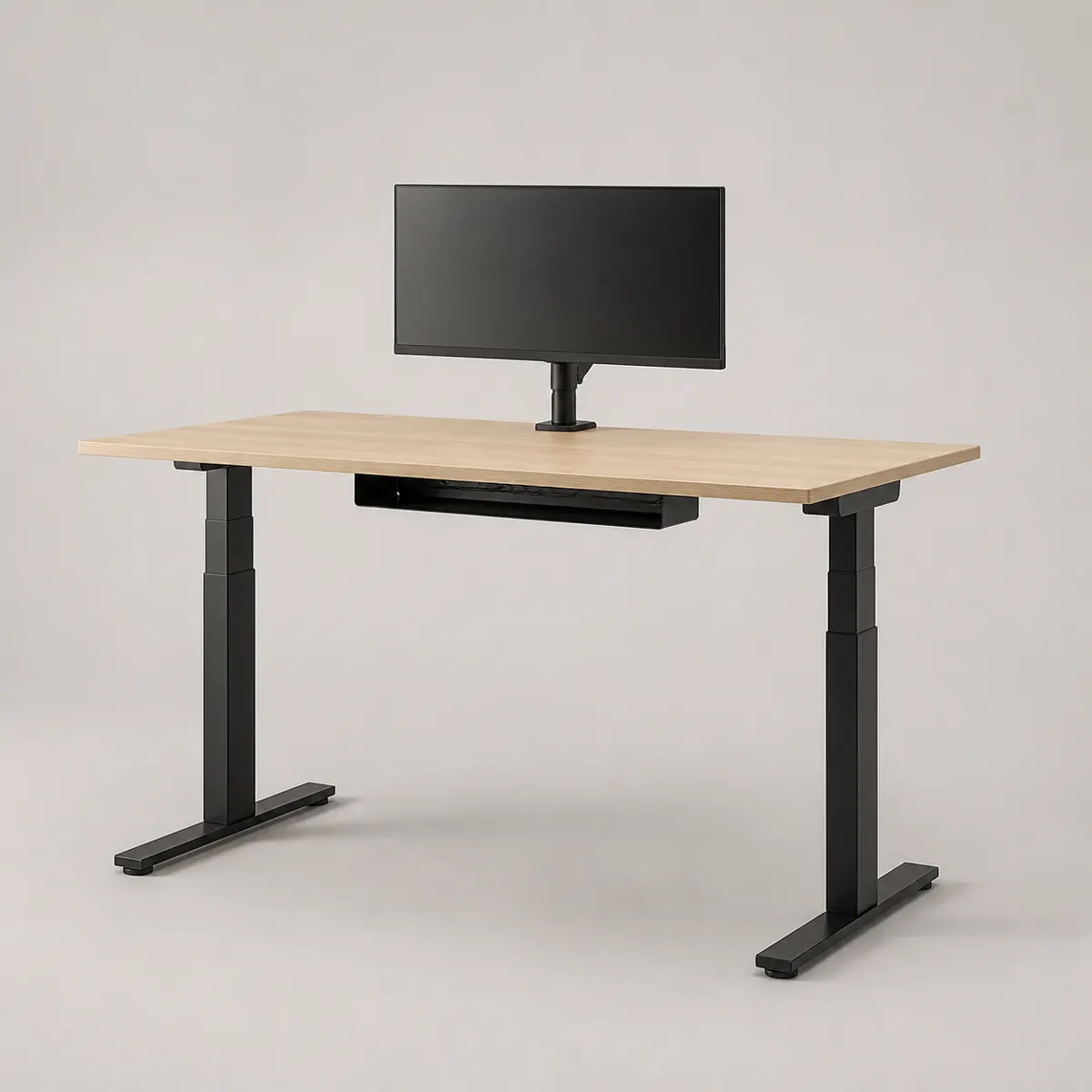 Sit-stand screen workstation, shown as a photorealistic visual reference