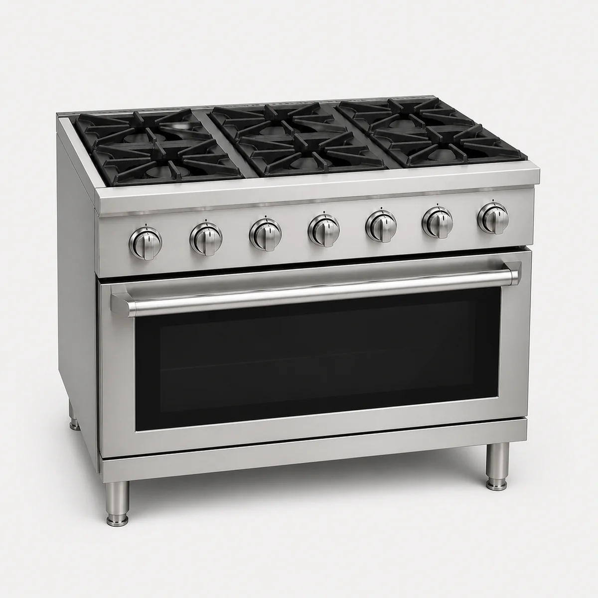 Six-burner commercial range, the real-world character this definition is written to capture