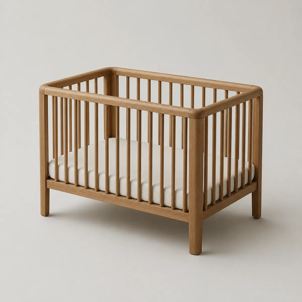 Slatted oak crib, shown as a photorealistic visual reference
