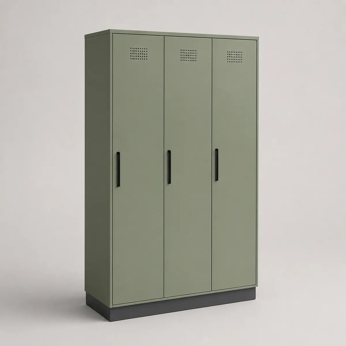 Three-door workplace locker, shown as a photorealistic visual reference