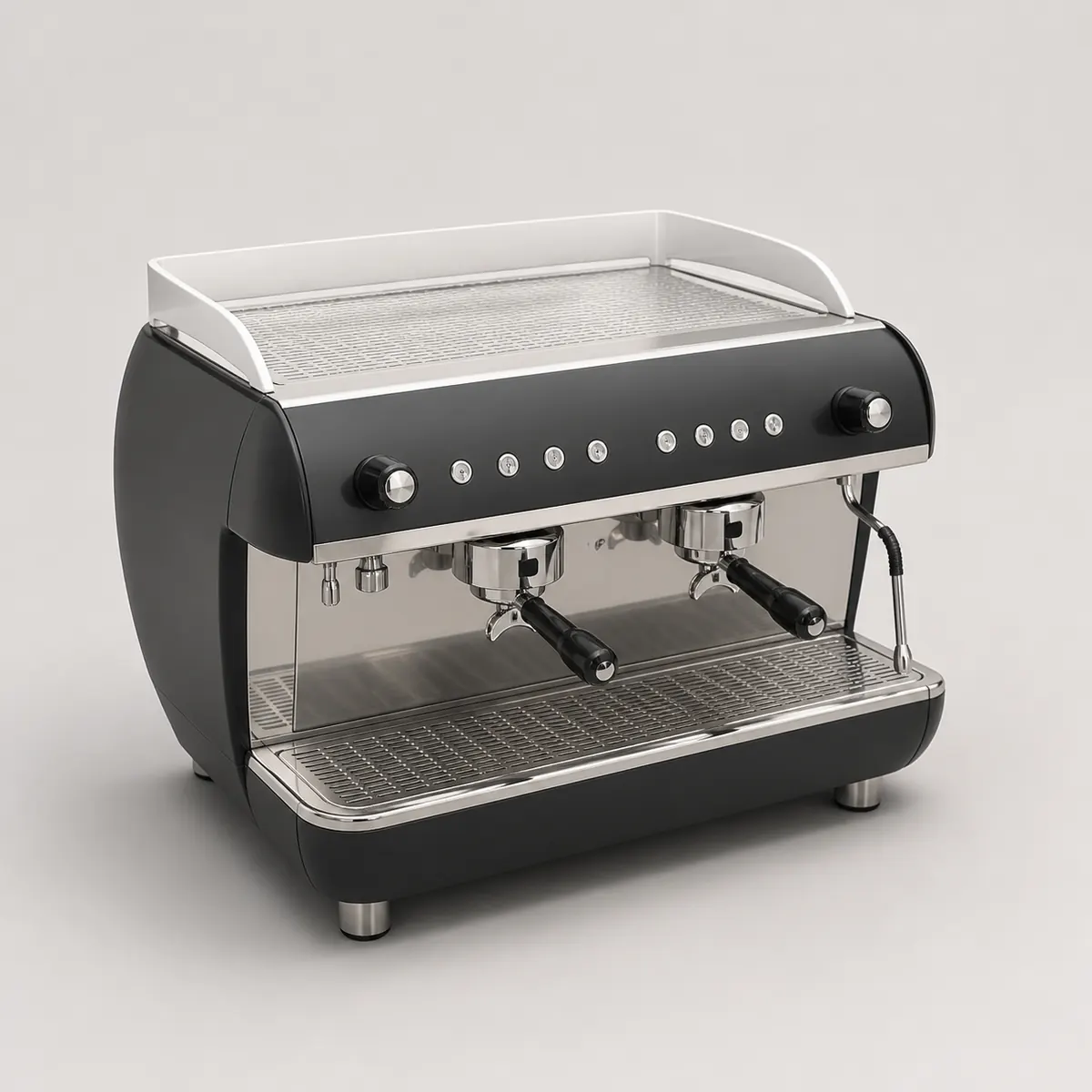 Two-group espresso machine, shown as a photorealistic visual reference