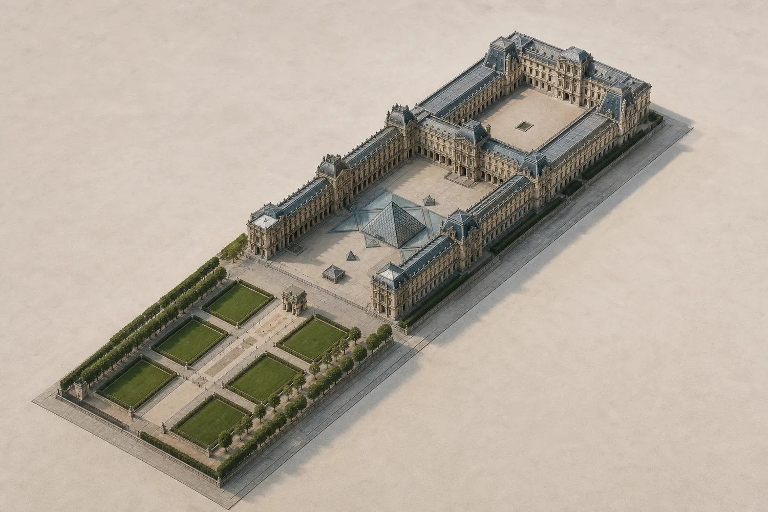 Generated photorealistic view of Louvre Palace & Grand Louvre, at the camera of the drawing behind it