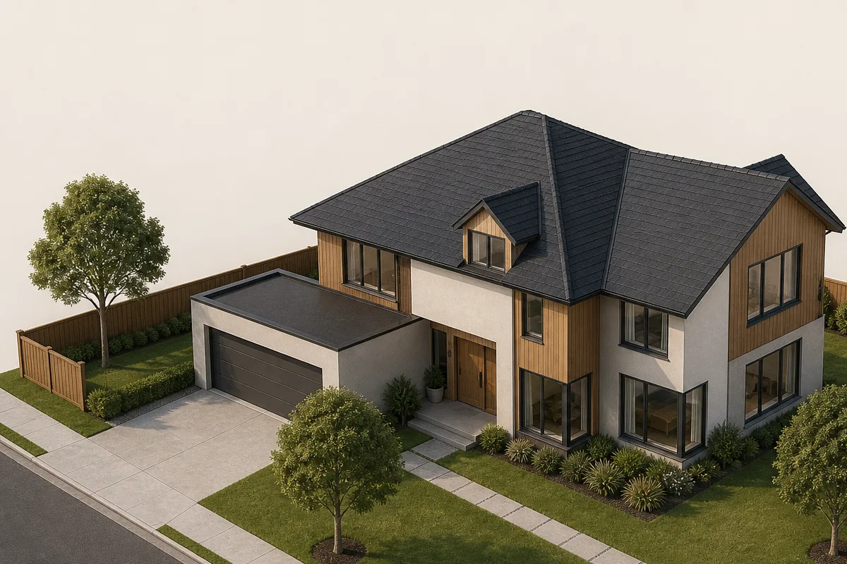 Generated photorealistic view of Crossroads House — 4 Bed / 2.5 Bath, at the camera of the drawing behind it