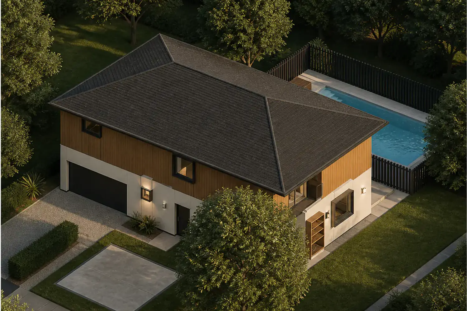 Generated photorealistic view of Poolside House, at the camera of the drawing behind it