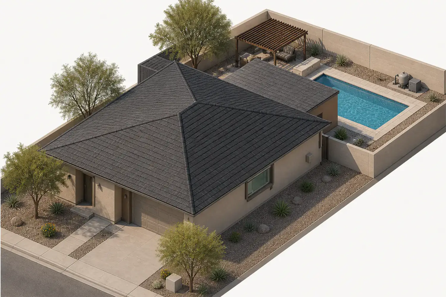 Generated photorealistic view of Chandler Pool — Desert Courtyard, at the camera of the drawing behind it