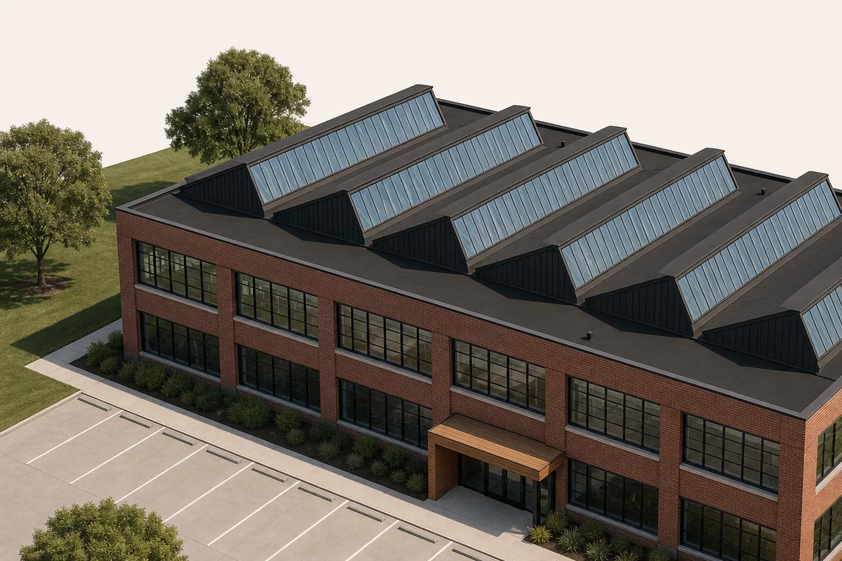 Generated photorealistic view of Wintergarden Workplace, at the camera of the drawing behind it