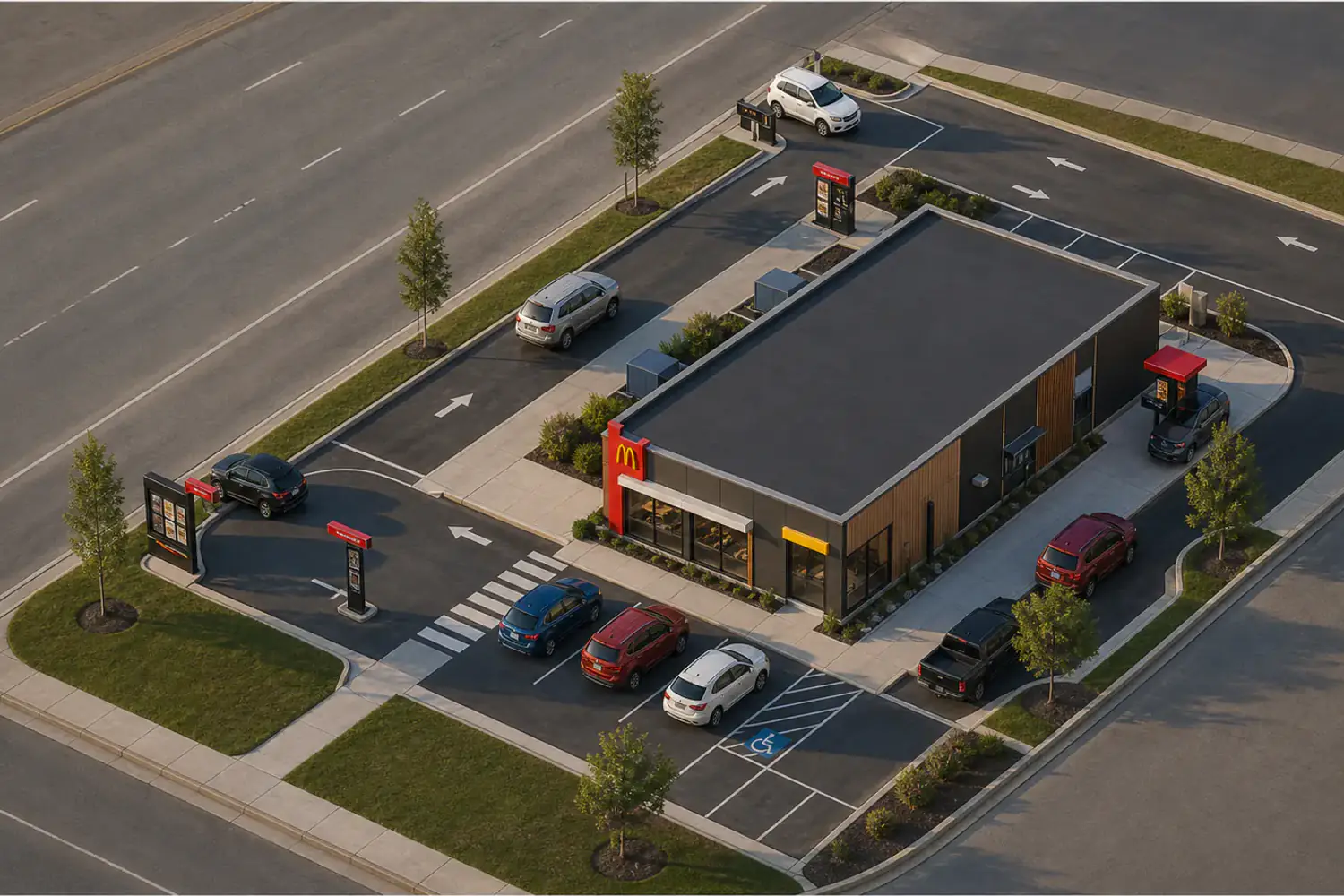 Generated photorealistic view of McDonald's Drive-Thru — Complete Site Study, at the camera of the drawing behind it