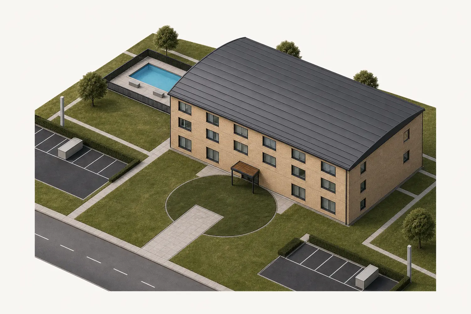 Generated photorealistic view of Aster Court Hotel + Spa, at the camera of the drawing behind it